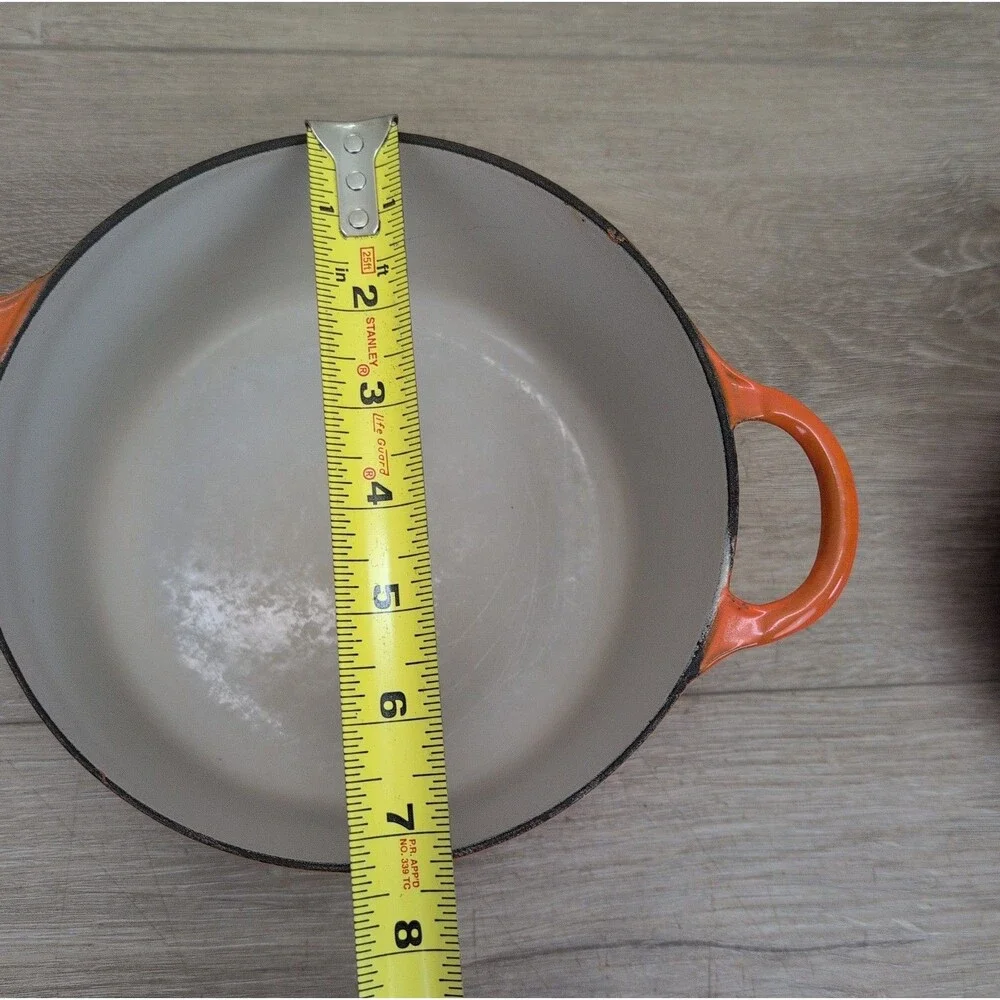 Vintage Le Creuset Enameled Cast Iron 2 Qt Pot Flame Orange Ribbed Bottom & Lid